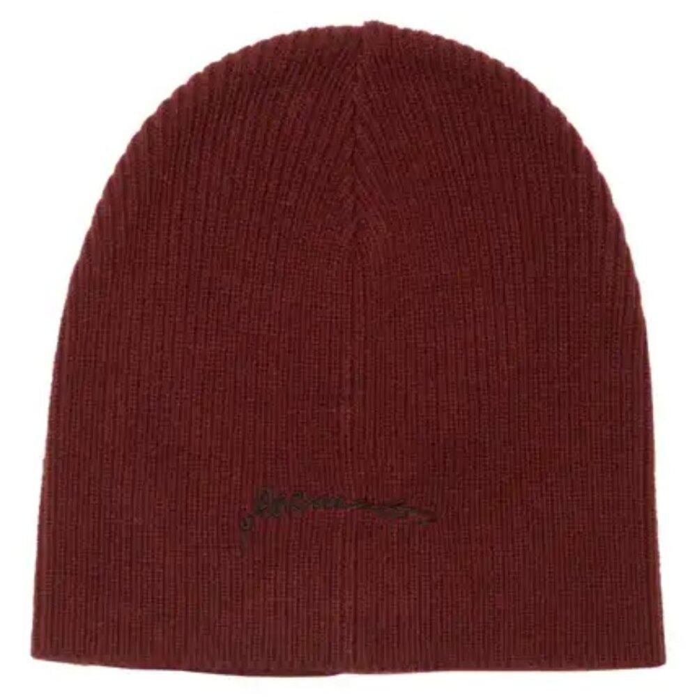 AllSaints Embroidered Script Logo Beanie in Charred Red